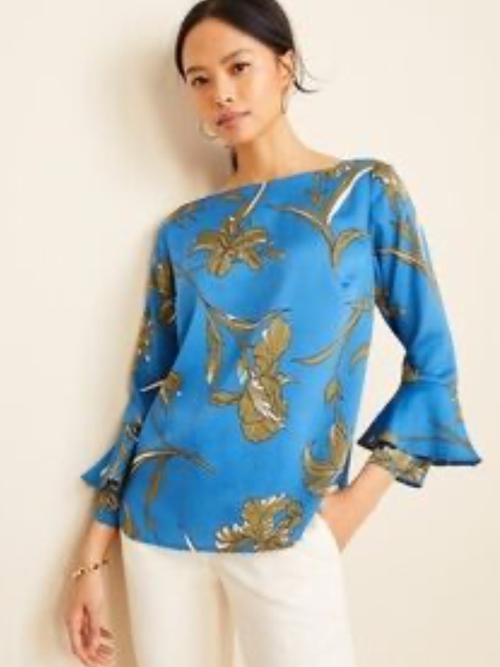 Ann Taylor Blue Floral Bell-Sleeve Blouse with Gold Accents